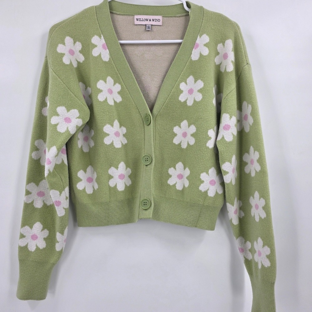 WILLOW & WIND DAISY CARDIGAN WOMENS LARGE GREEN WHITE FLORAL SOFT RAYON HIPPIE - Picture 2 of 12